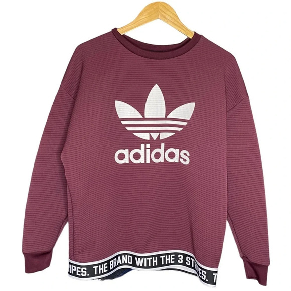 Adidas Maroon White Trefoil 3 Stripes Banded Sweatshirt Top Women's Size Small - Picture 2 of 12